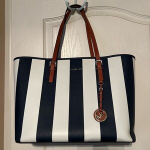 Michael Kors Blue and White Striped Tote with Brown Straps